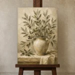 Olive Branch Vase Wall Art Canvas Print displayed on a studio easel