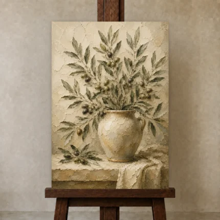 Olive Branch Vase Wall Art Canvas Print shown in Studio Easel