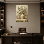 Olive Branch Vase Wall Art Canvas Print displayed in a contemporary gallery-inspired room