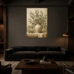 Olive Branch Vase Wall Art Canvas Print shown in a warm modern interior