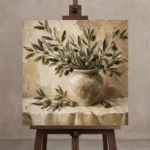 Square Olive Branch Wall Art Canvas Print displayed on a studio easel