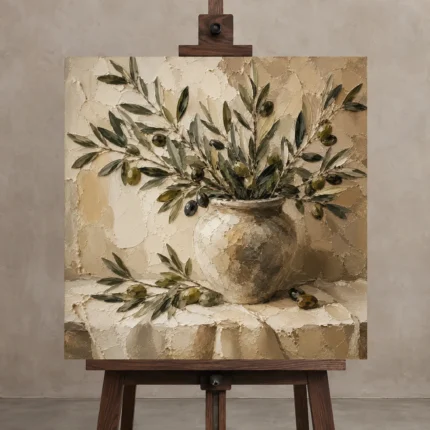 Square Olive Branch Wall Art Canvas Print displayed on a studio easel