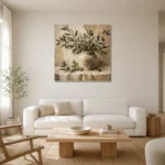 Square Olive Branch Wall Art Canvas Print styled in a refined neutral interior
