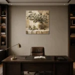 Square Olive Branch Wall Art Canvas Print displayed in a contemporary gallery-inspired room