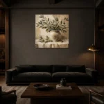 Square Olive Branch Wall Art Canvas Print shown in a warm modern interior