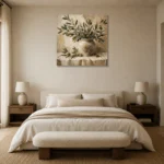 Square Olive Branch Wall Art Canvas Print showcased in an elegant minimalist interior