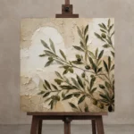 Square Olive Branch Vase Wall Art Canvas Print displayed on a studio easel