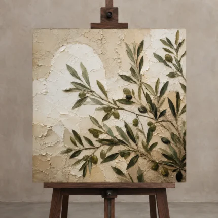 Square Olive Branch Vase Wall Art Canvas Print displayed on a studio easel