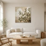Square Olive Branch Vase Wall Art Canvas Print styled in a refined neutral interior