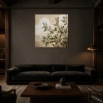 Square Olive Branch Vase Wall Art Canvas Print shown in a warm modern interior