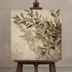 Shadowed Olive Branch Wall Art Canvas Print displayed on a studio easel