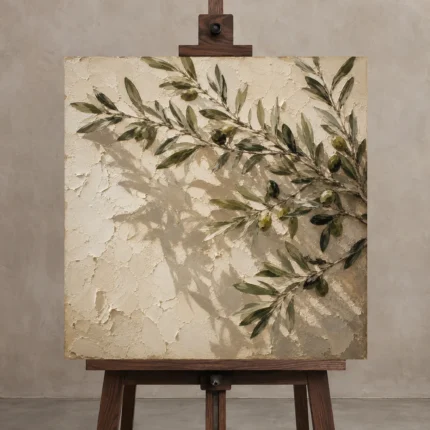 Shadowed Olive Branch Wall Art Canvas Print displayed on a studio easel