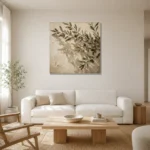 Shadowed Olive Branch Wall Art Canvas Print styled in a refined neutral interior