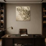 Shadowed Olive Branch Wall Art Canvas Print displayed in a contemporary gallery-inspired room