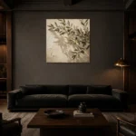 Shadowed Olive Branch Wall Art Canvas Print shown in a warm modern interior