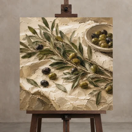 Olive Harvest Olive Branch Wall Art Canvas Print displayed on a studio easel
