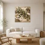 Olive Harvest Olive Branch Wall Art Canvas Print styled in a refined neutral interior