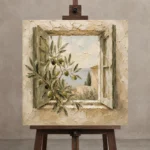 Mediterranean Window Olive Branch Wall Art Canvas Print displayed on a studio easel