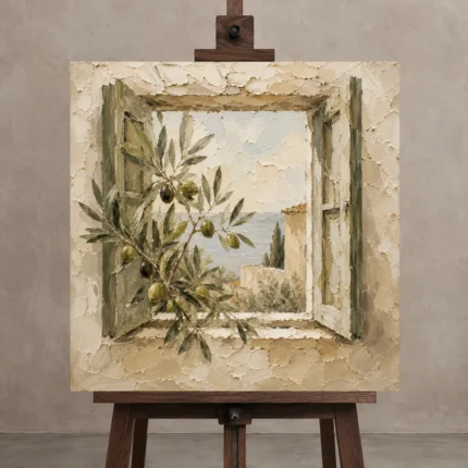 Mediterranean Window Olive Branch Wall Art Canvas Print displayed on a studio easel