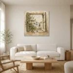 Mediterranean Window Olive Branch Wall Art Canvas Print styled in a refined neutral interior