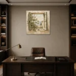 Mediterranean Window Olive Branch Wall Art Canvas Print displayed in a contemporary gallery-inspired room