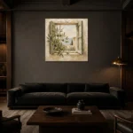 Mediterranean Window Olive Branch Wall Art Canvas Print shown in a warm modern interior