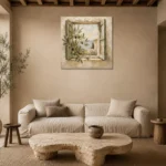Mediterranean Window Olive Branch Wall Art Canvas Print presented in a sophisticated home setting