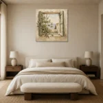 Mediterranean Window Olive Branch Wall Art Canvas Print showcased in an elegant minimalist interior
