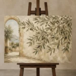 Mediterranean Archway Olive Branch Wall Art Canvas Print displayed on a studio easel