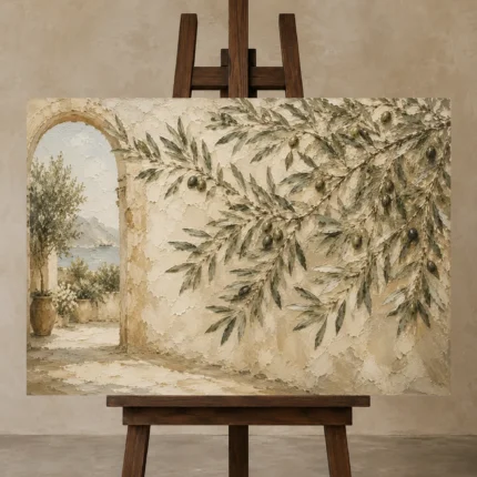 Mediterranean Archway Olive Branch Wall Art Canvas Print displayed on a studio easel