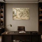 Mediterranean Archway Olive Branch Wall Art Canvas Print displayed in a contemporary gallery-inspired room