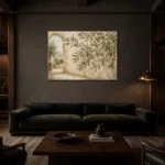 Mediterranean Archway Olive Branch Wall Art Canvas Print shown in a warm modern interior