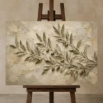 Horizontal Olive Branch Wall Art Canvas Print displayed on a studio easel