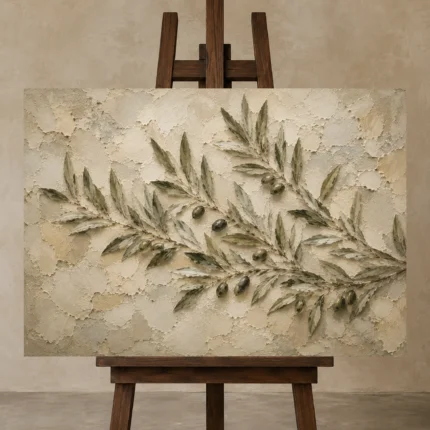 Horizontal Olive Branch Wall Art Canvas Print displayed on a studio easel