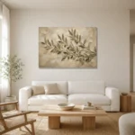 Horizontal Olive Branch Wall Art Canvas Print styled in a refined neutral interior