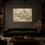 Horizontal Olive Branch Wall Art Canvas Print shown in a warm modern interior