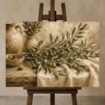 Olive Still Life Olive Branch Wall Art Canvas Print displayed on a studio easel