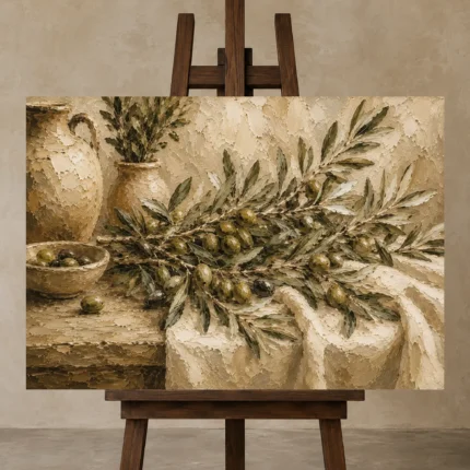 Olive Still Life Olive Branch Wall Art Canvas Print displayed on a studio easel