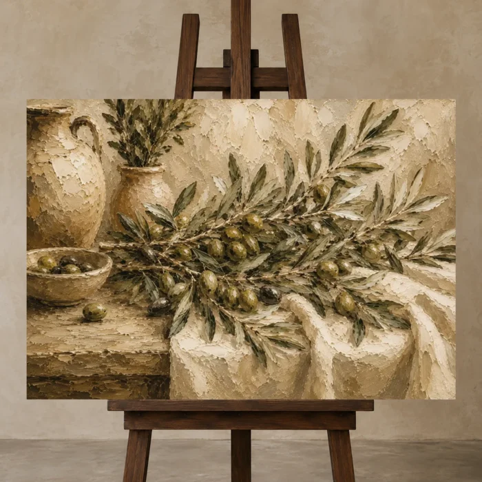 Olive Still Life Olive Branch Wall Art Canvas Print displayed on a studio easel
