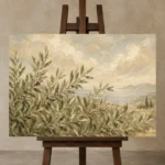 Coastal Olive Grove Olive Branch Wall Art Canvas Print displayed on a studio easel