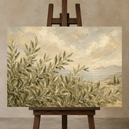Coastal Olive Grove Olive Branch Wall Art Canvas Print shown in Studio Easel