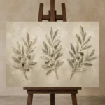 Three Olive Sprigs Olive Branch Wall Art Canvas Print displayed on a studio easel