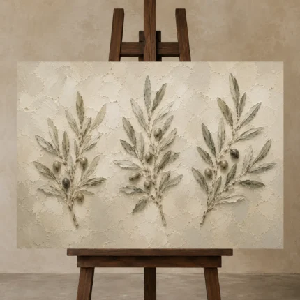 Three Olive Sprigs Olive Branch Wall Art Canvas Print displayed on a studio easel