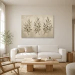 Three Olive Sprigs Olive Branch Wall Art Canvas Print styled in a refined neutral interior