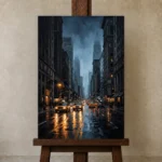 Rainy Manhattan New York Cityscape Wall Art Canvas Print displayed on a studio easel