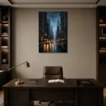 Rainy Manhattan New York Cityscape Wall Art Canvas Print displayed in a contemporary gallery-inspired room