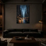Rainy Manhattan New York Cityscape Wall Art Canvas Print shown in a warm modern interior