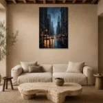 Rainy Manhattan New York Cityscape Wall Art Canvas Print presented in a sophisticated home setting