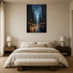 Rainy Manhattan New York Cityscape Wall Art Canvas Print showcased in an elegant minimalist interior
