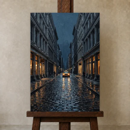 SoHo Taxi New York Cityscape Wall Art Canvas Print shown in Studio Easel